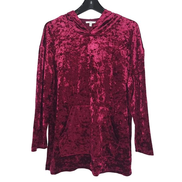 JODIFL Tops - Jodifl Burgundy Velvet Hooded Pullover Top Sz M Stretchy Pocket Long Sleeve Boho